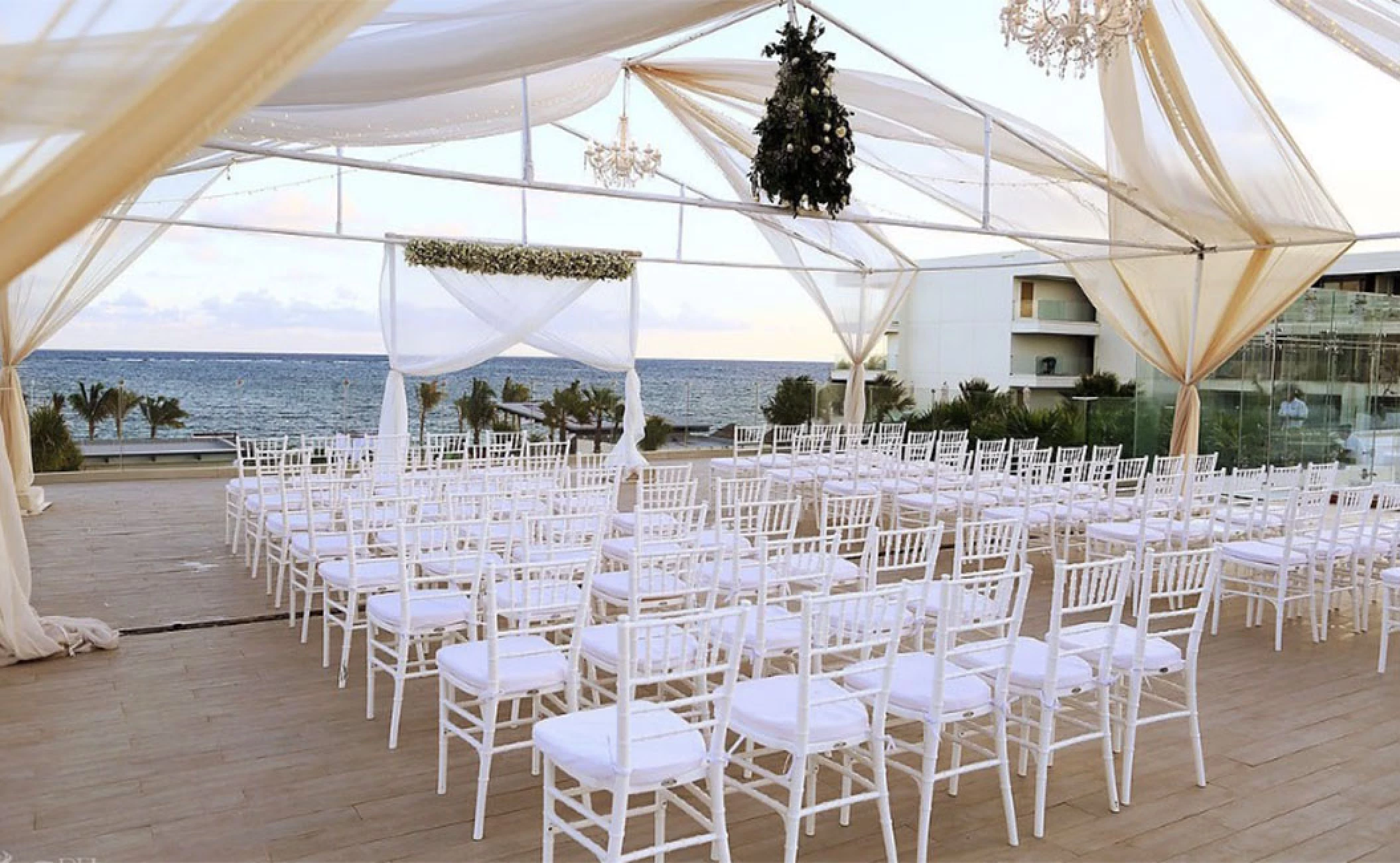 Ceremony decor in Purple terrace wedding venue at Breathless riviera Cancun