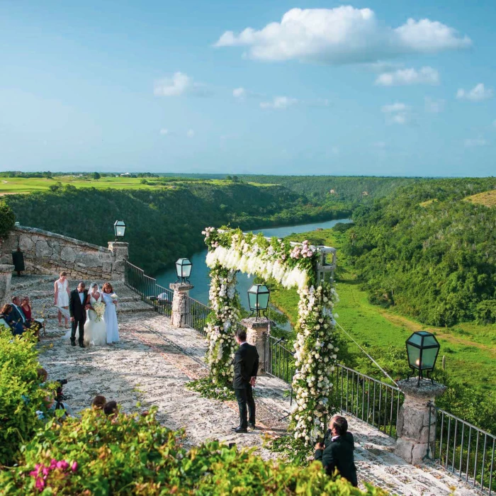 wedding ceremony setup at the altos terrace venue at Casa de Campo