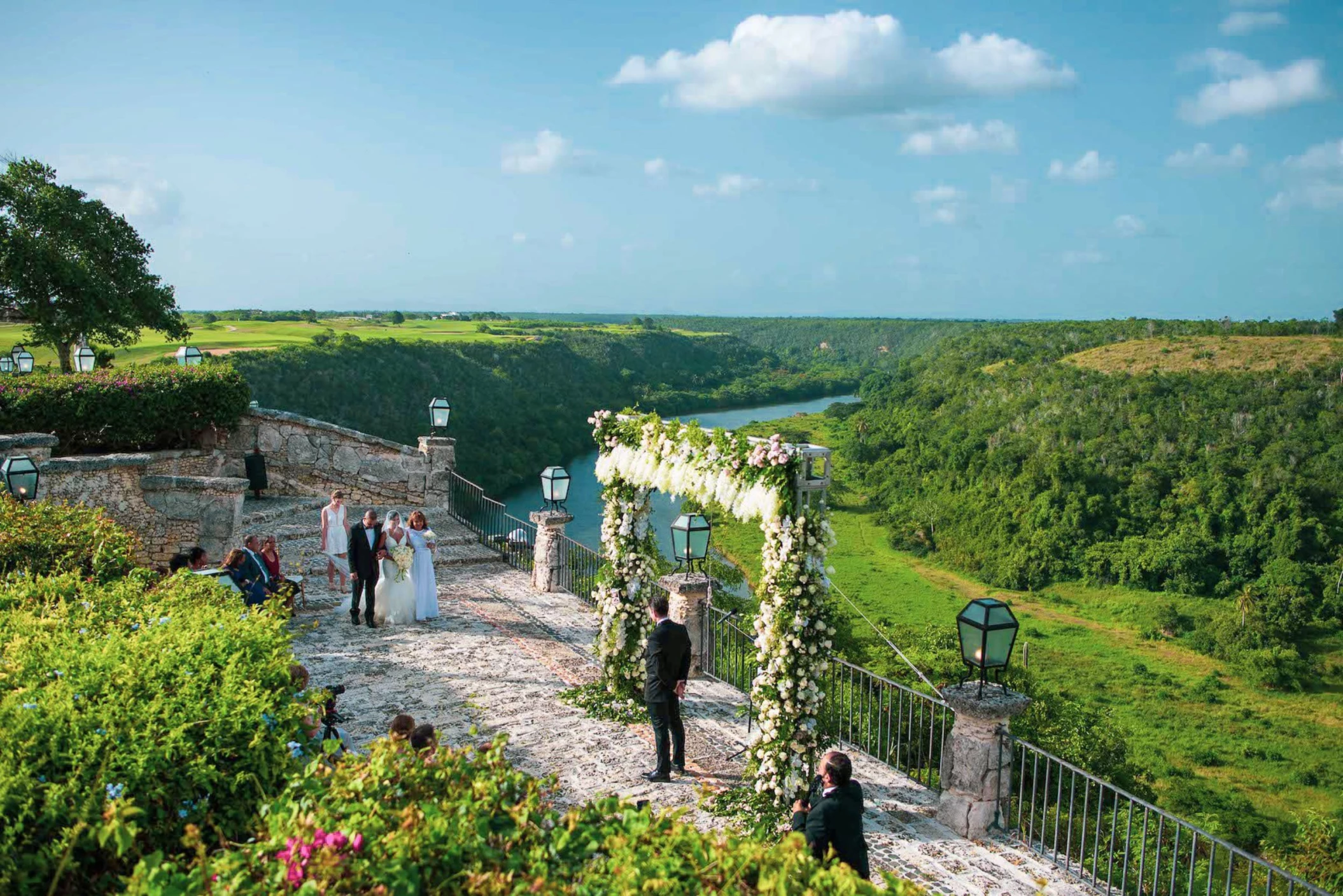 wedding ceremony setup at the altos terrace venue at Casa de Campo