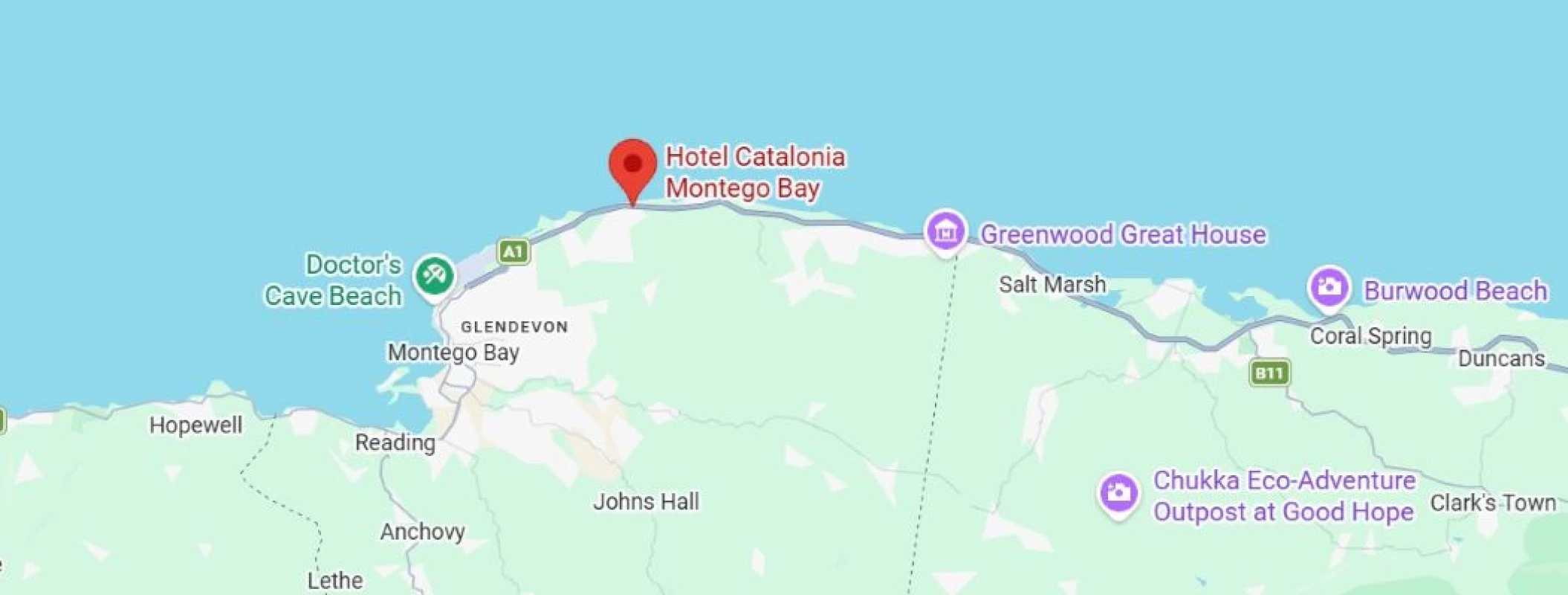 map showing location of catalonia montego bay in Jamaica