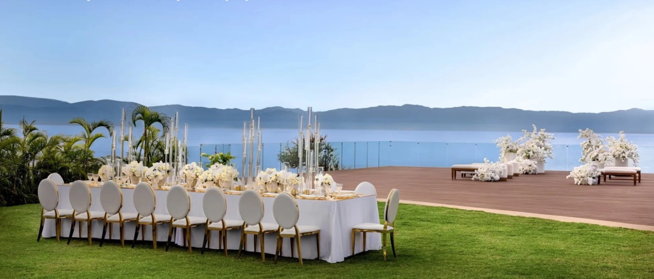 ceremony and reception setup at the beach garden deck venue at dreams and secrets bahia mita
