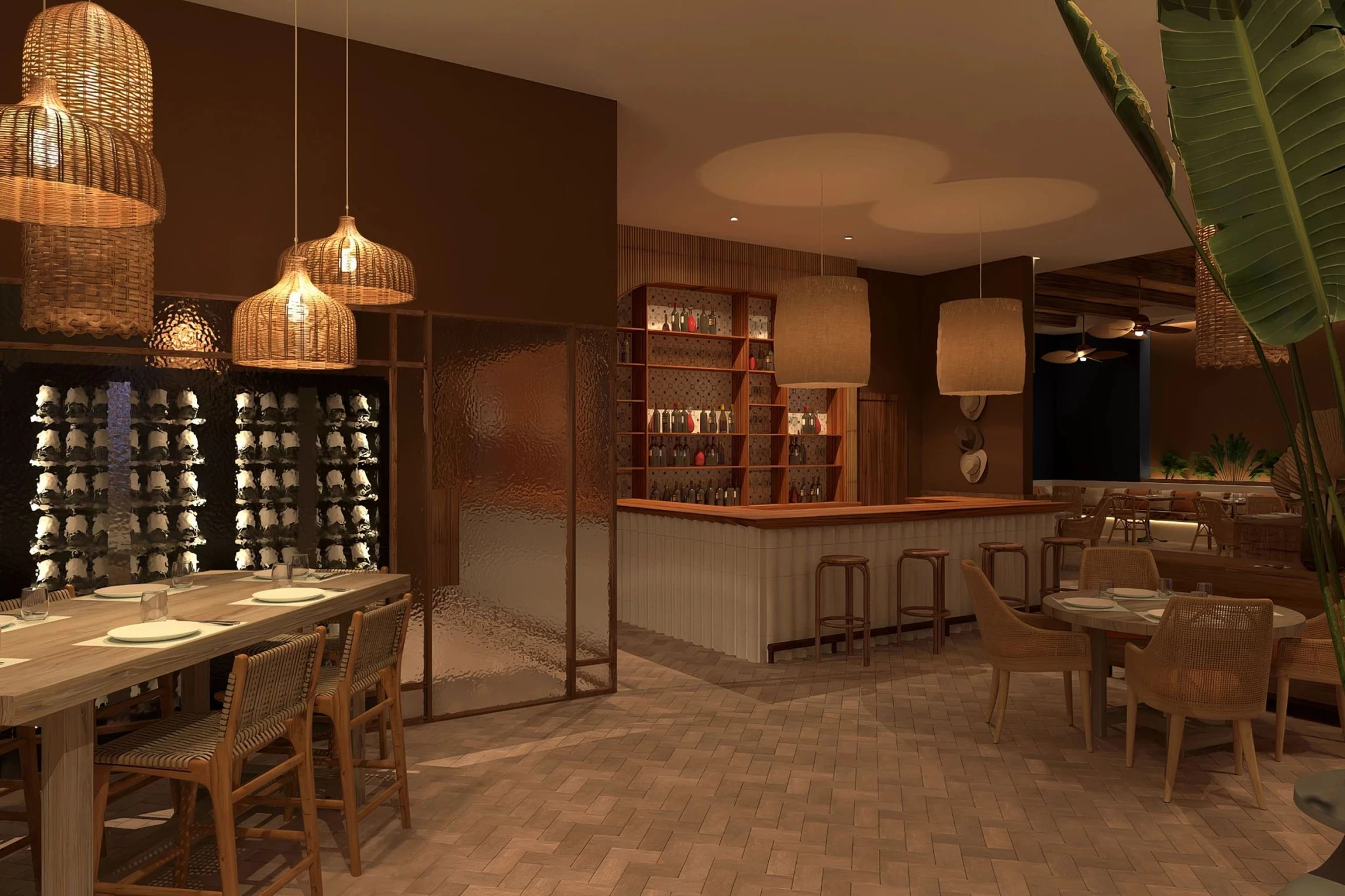 The sophisticated interior of the 1844 restaurant with a bar, wicker lamps, and a wine display.