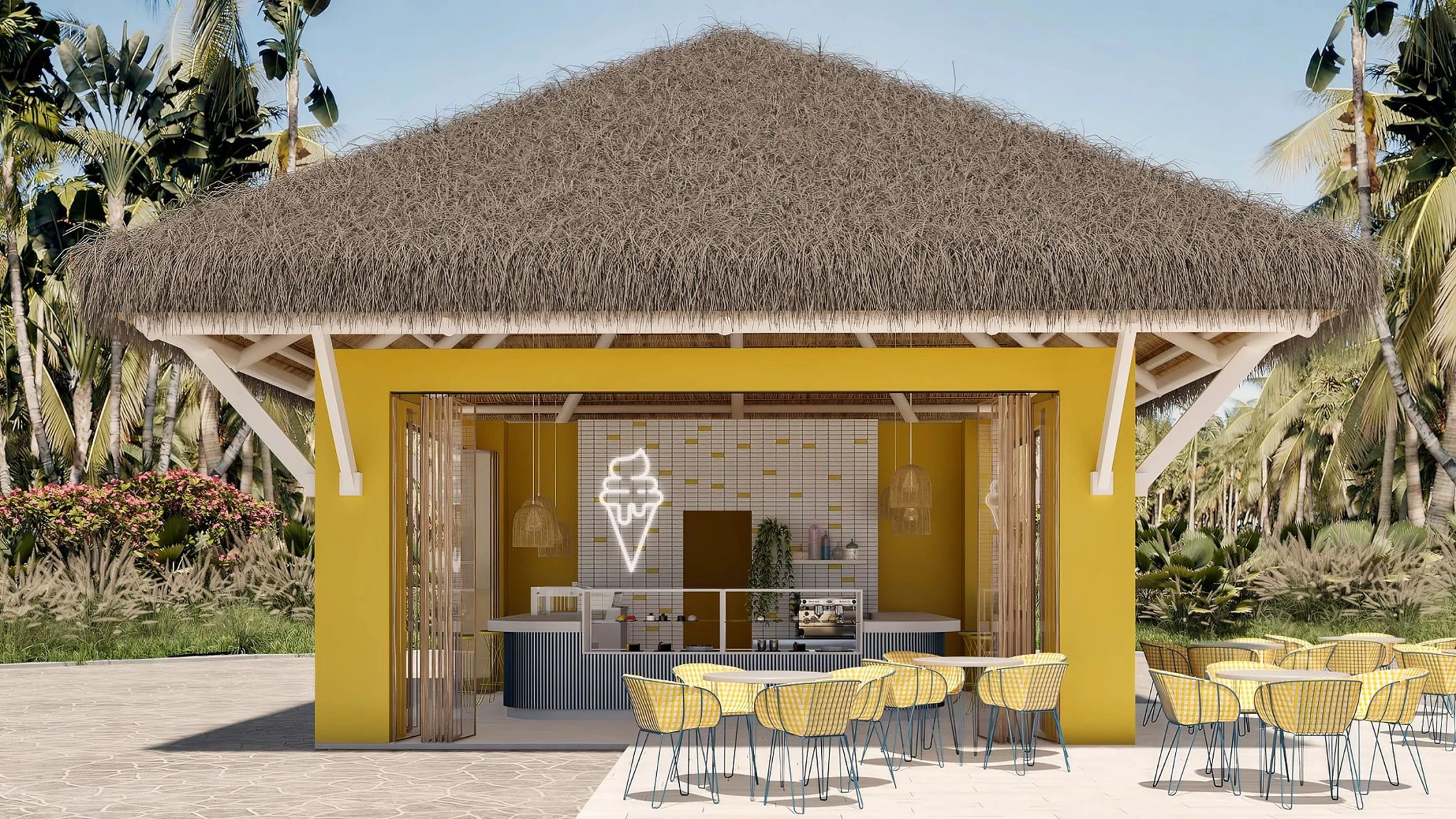 The Dolce ice cream parlor, a bright yellow building with a thatched roof and outdoor seating area.