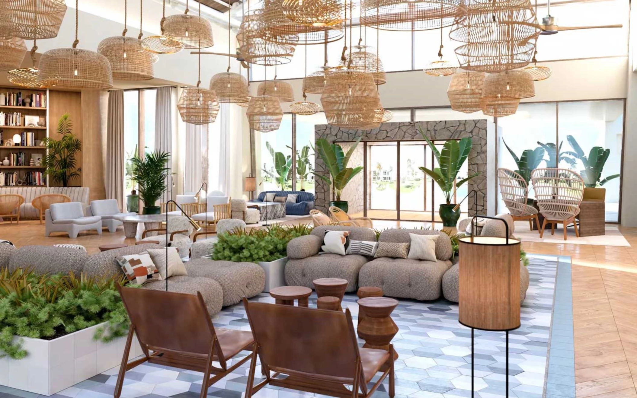 The inviting and modern lobby of Dreams Playa Esmeralda, featuring natural decor and comfortable seating areas.