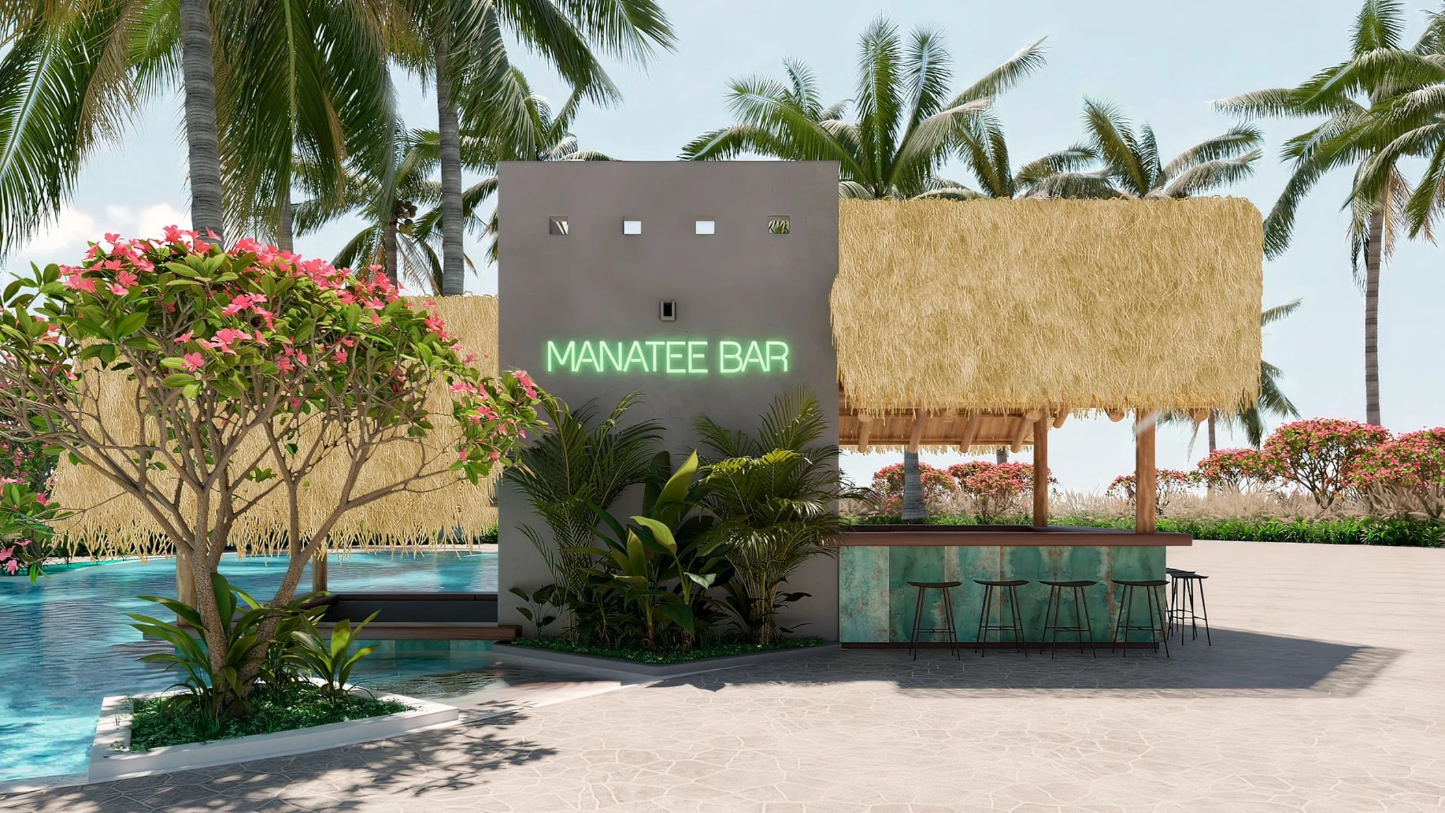 The Manatee Bar, a thatched-roof outdoor bar with a neon sign, surrounded by a pool and greenery.