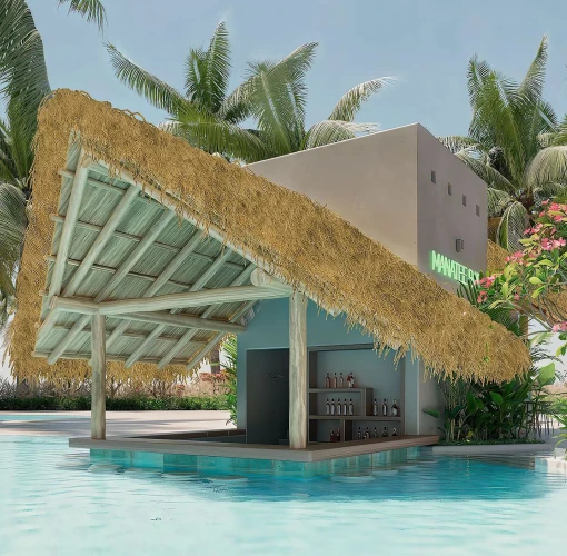 The Manatees swim-up bar at Dreams Playa Esmeralda, a thatched-roof bar surrounded by a pool.