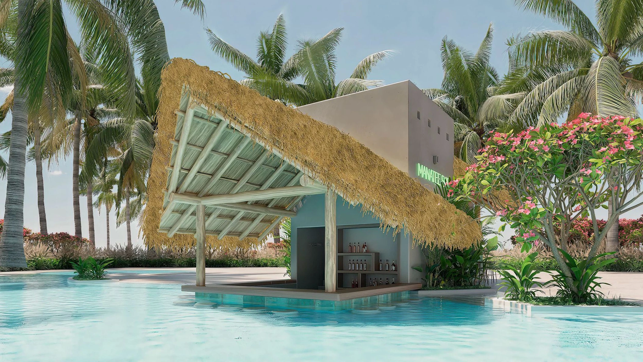 The Manatees swim-up bar at Dreams Playa Esmeralda, a thatched-roof bar surrounded by a pool.