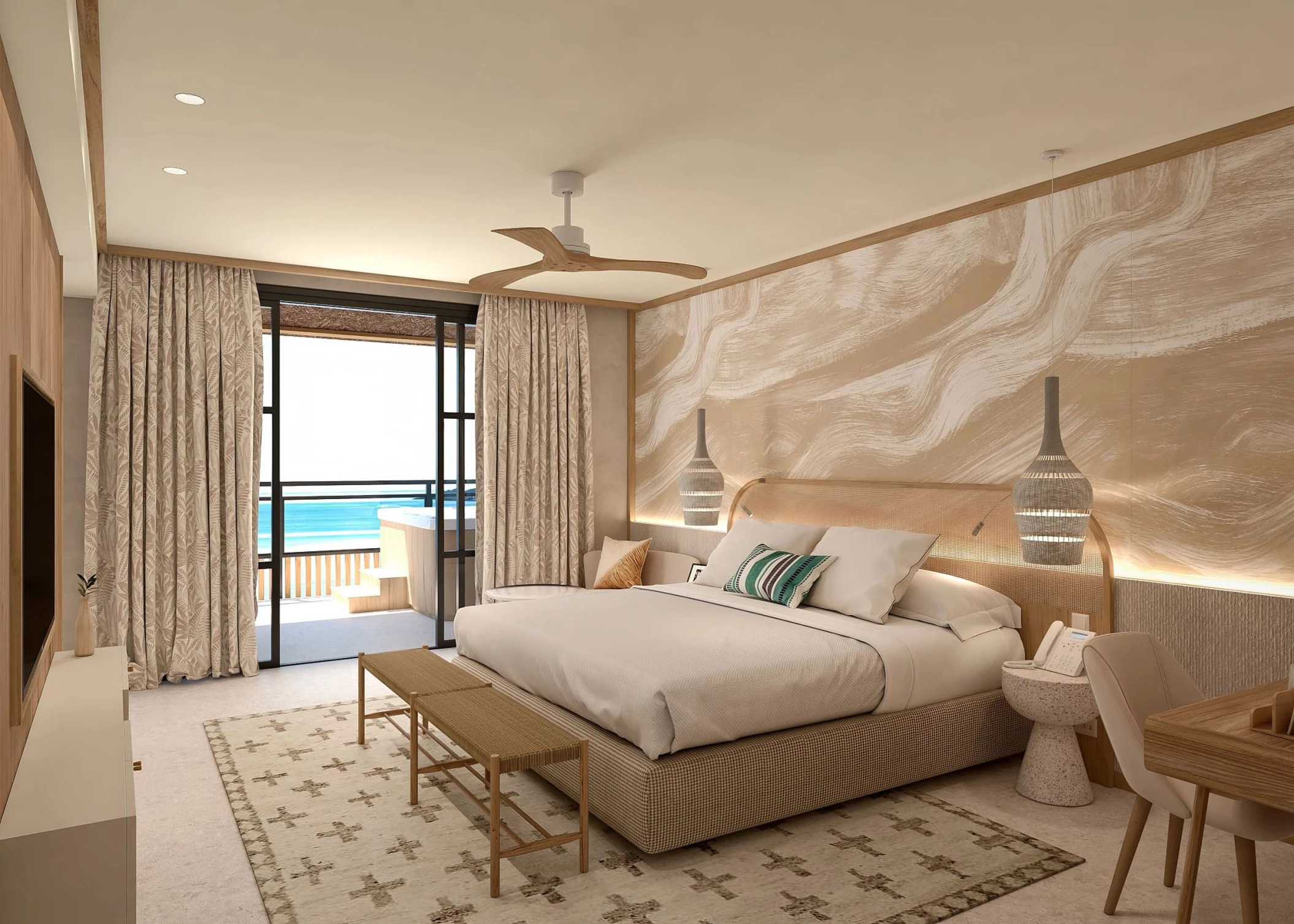 A presidential suite bedroom with a large bed, modern furnishings, and a walk-out balcony with a hot tub.