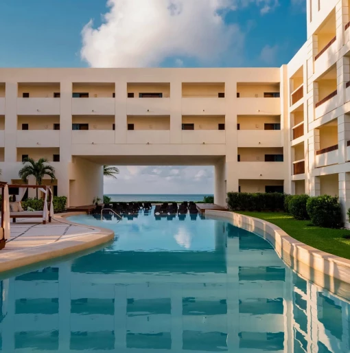 main pool and buildings at Dreams Puerto Morelos Resort & Spa