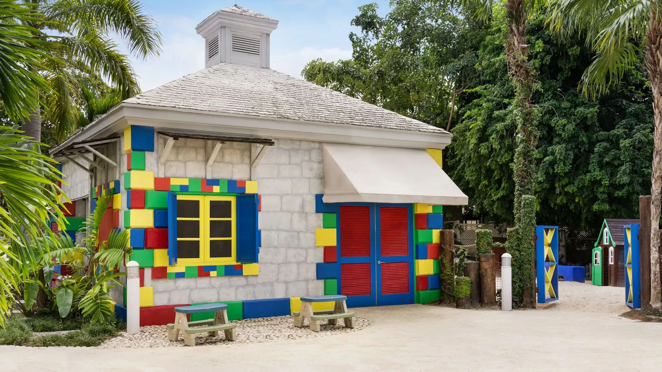 The resort's colorful and fun Kids Club building, designed to look like it's made of toy blocks.