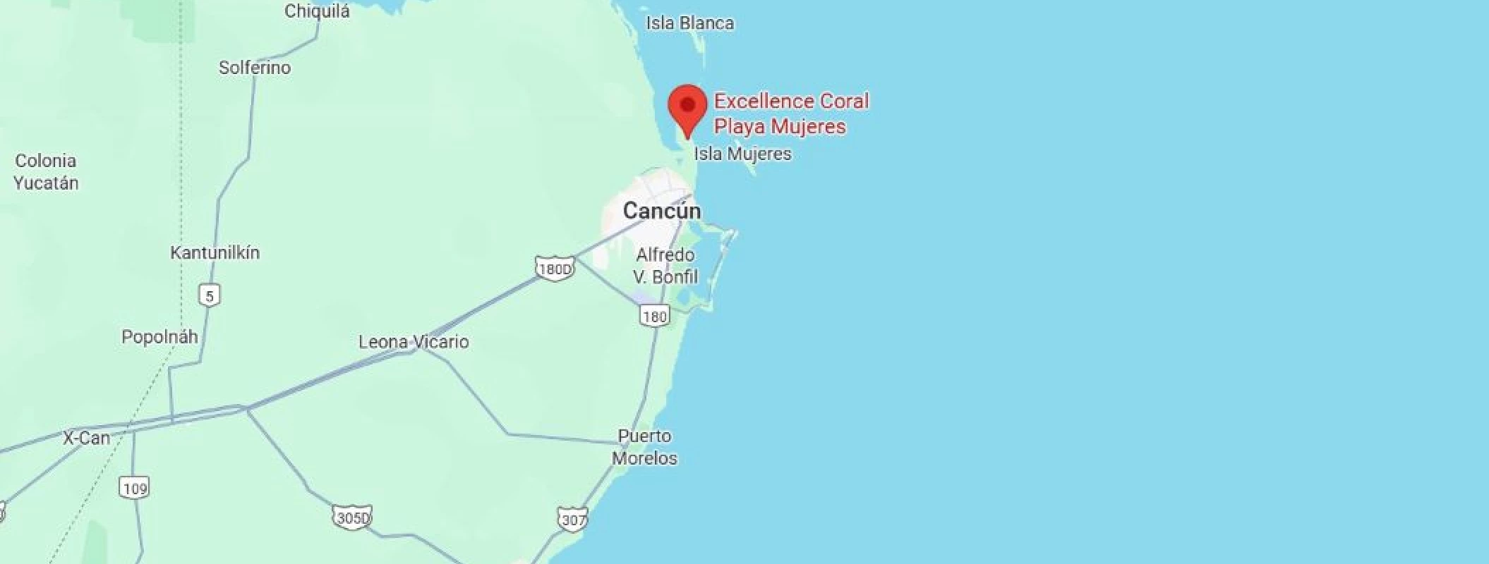 map showing location of Excellence Coral Playa Mujeres in Mexico