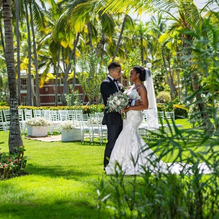 bride and groom at the garden venue at Grand Palladium Punta Cana