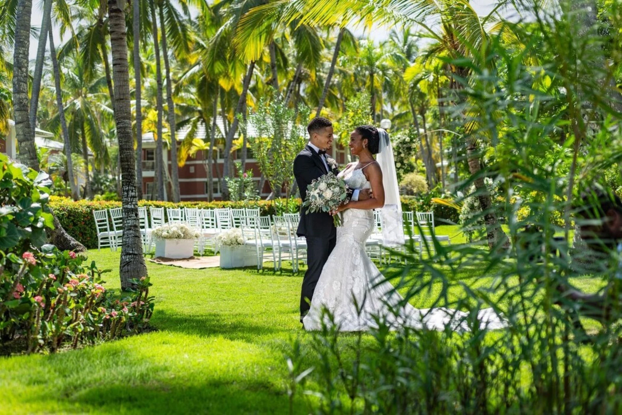 bride and groom at the garden venue at Grand Palladium Punta Cana