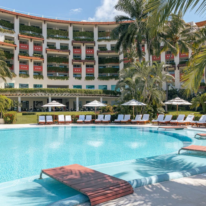 Buildings, pool and rooms at Grand Velas Riviera Nayarit Resort.