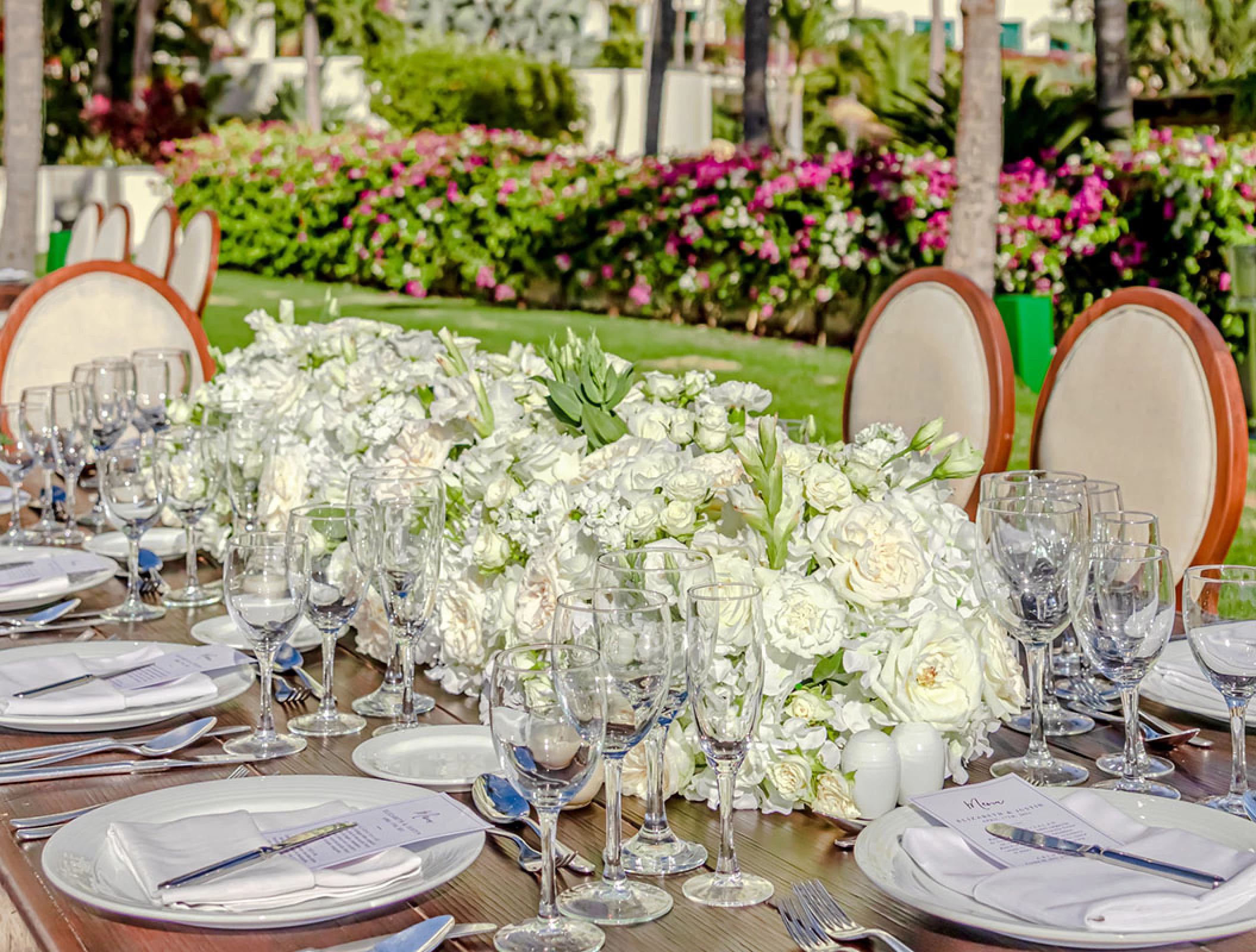 Reception decor on Gazebo Garden wedding venue at Grand Velas Riviera Nayarit.