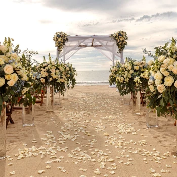 Beach wedding setup at Grand Velas Riviera Nayarit.