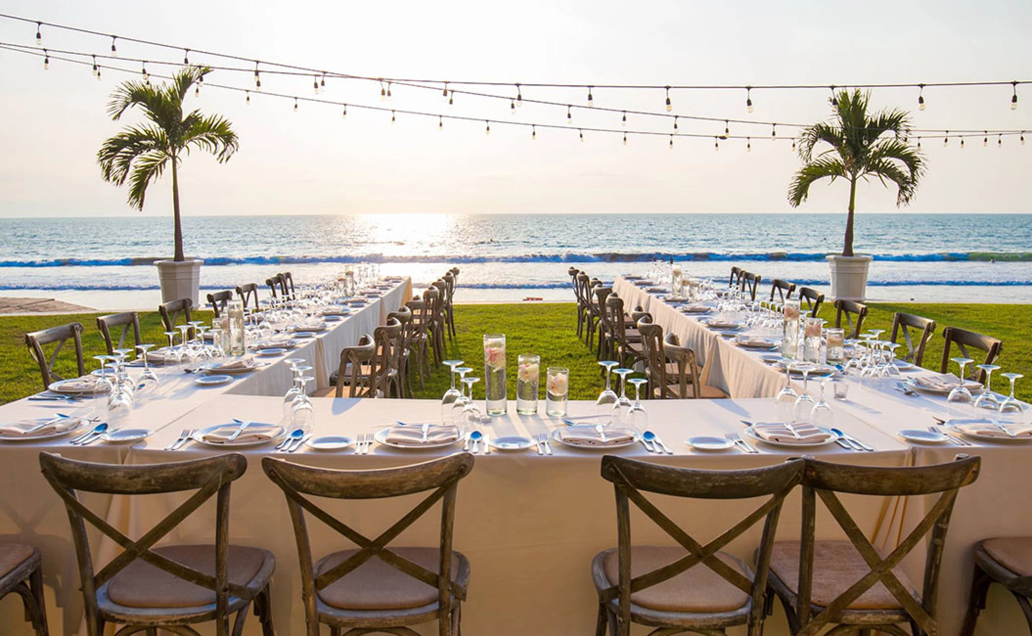 Reception decor on Ocean Garden wedding venue at Grand Velas Riviera Nayarit.