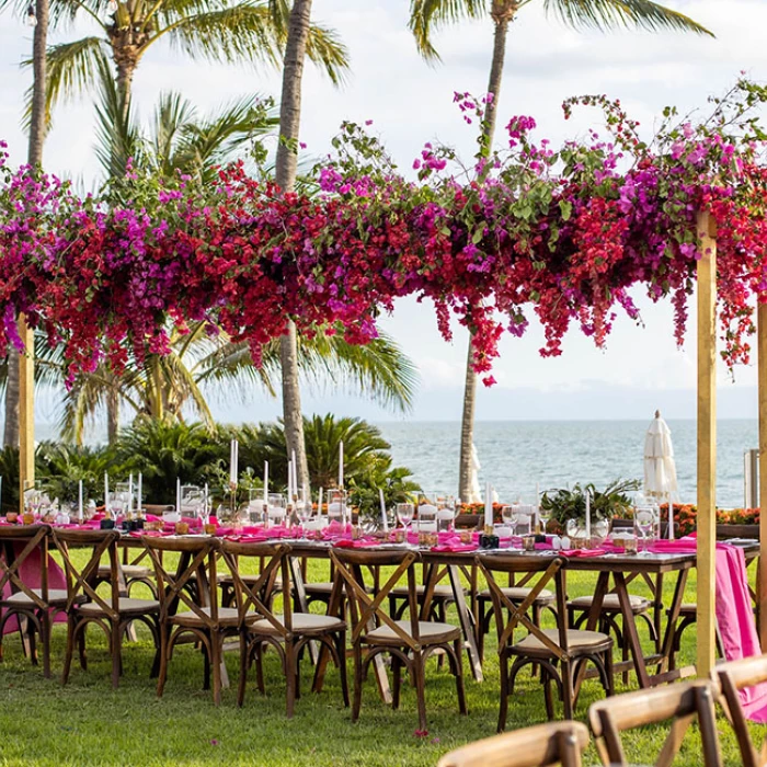 Reception decor on Ocean Garden wedding venue at Grand Velas Riviera Nayarit.