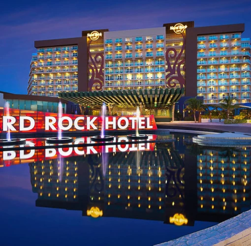 Night-shot of Hard Rock Hotel Cancun main entrance.