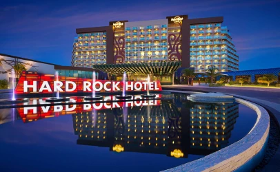 Night-shot of Hard Rock Hotel Cancun main entrance.