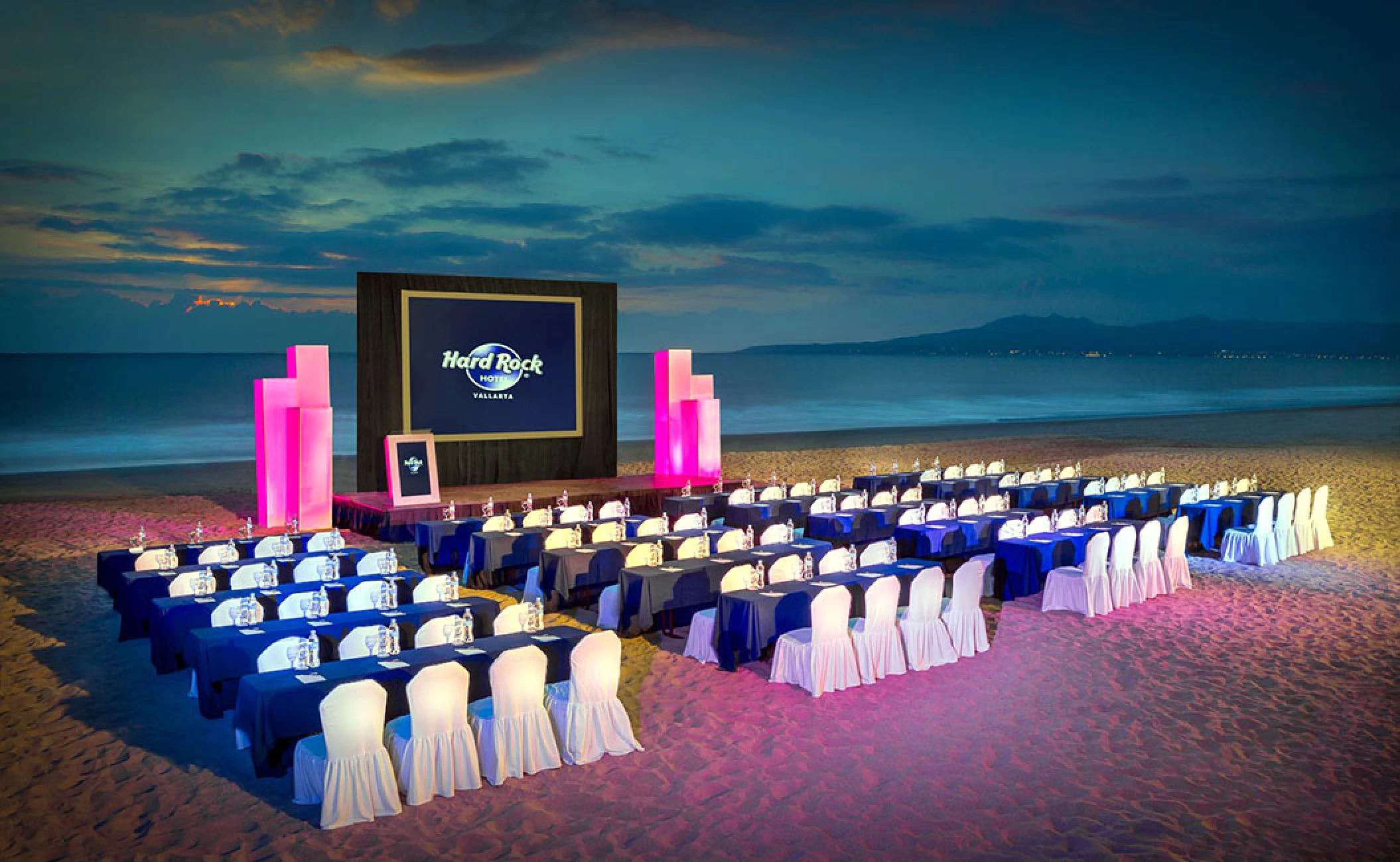 Meeting setup at Sunset beach Wedding Venue at Hard Rock Hotel Vallarta.