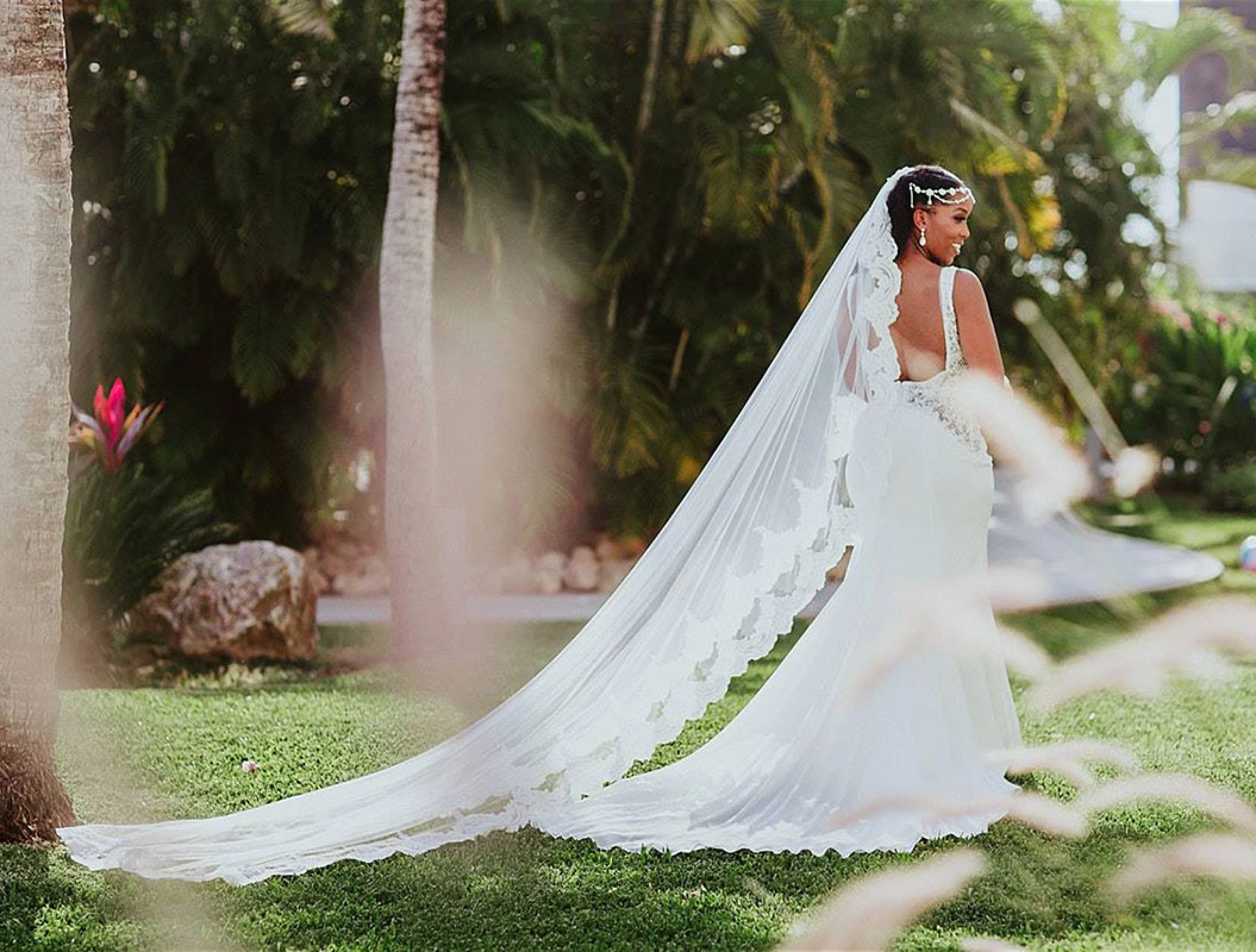 Bride at gardens of Hard Rock Hotel Vallarta.