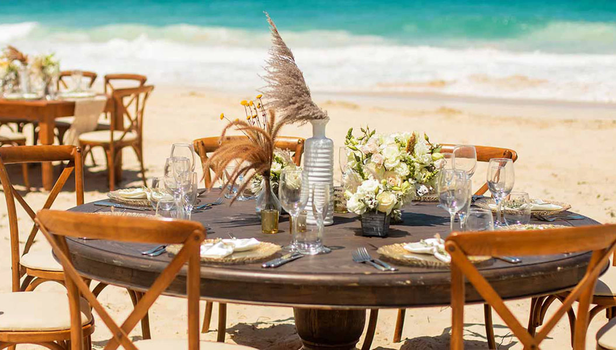 Reception setup detail at Sunset beach Wedding Venue at Hard Rock Hotel Vallarta.
