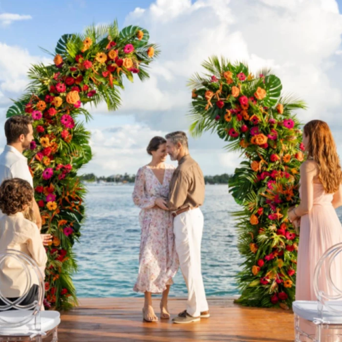 bride groom and guests at the pier venue at Hilton La Romana