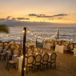 Dinner reception decor on the beach wedding venue at Hilton Vallarta Riviera