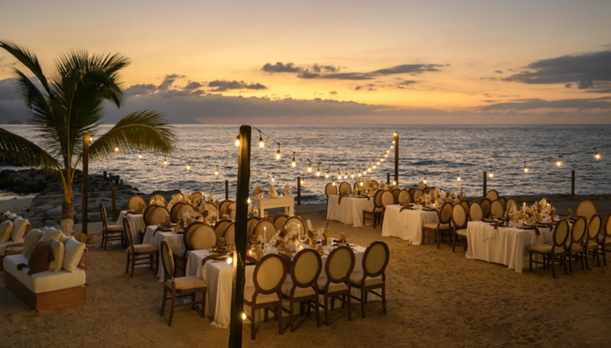 Dinner reception decor on the beach wedding venue at Hilton Vallarta Riviera