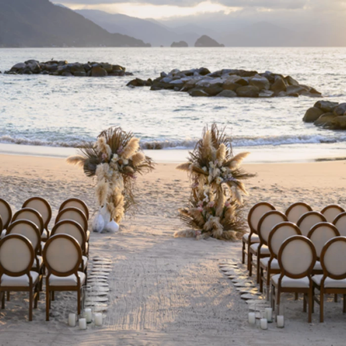 Ceremony decor on the beach wedding venue at Hilton Vallarta Riviera