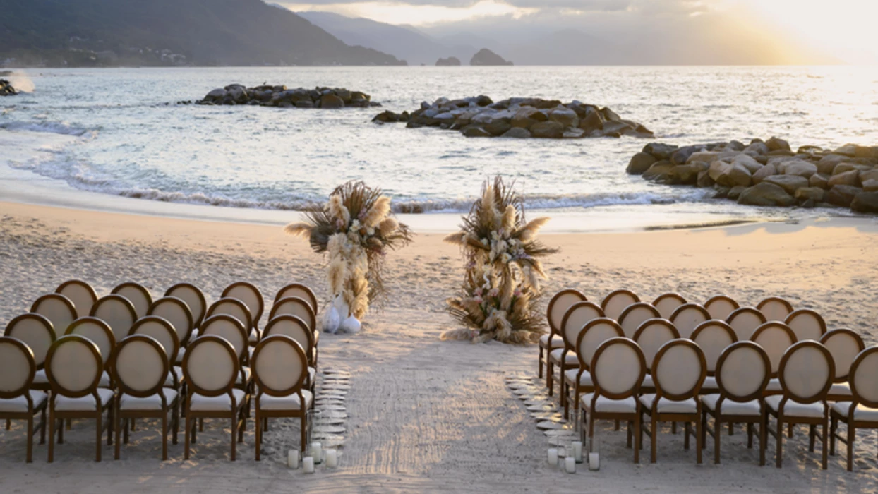 Ceremony decor on the beach wedding venue at Hilton Vallarta Riviera