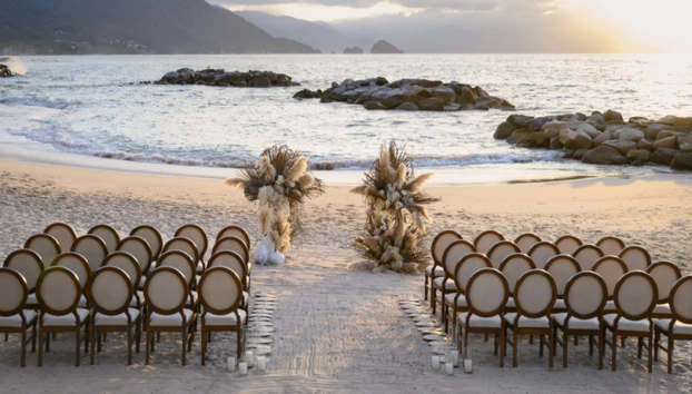 Ceremony decor on the beach wedding venue at Hilton Vallarta Riviera