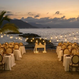 Dinner reception decor on the beach wedding venue at Hilton Vallarta Riviera