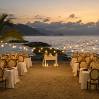 Dinner reception decor on the beach wedding venue at Hilton Vallarta Riviera