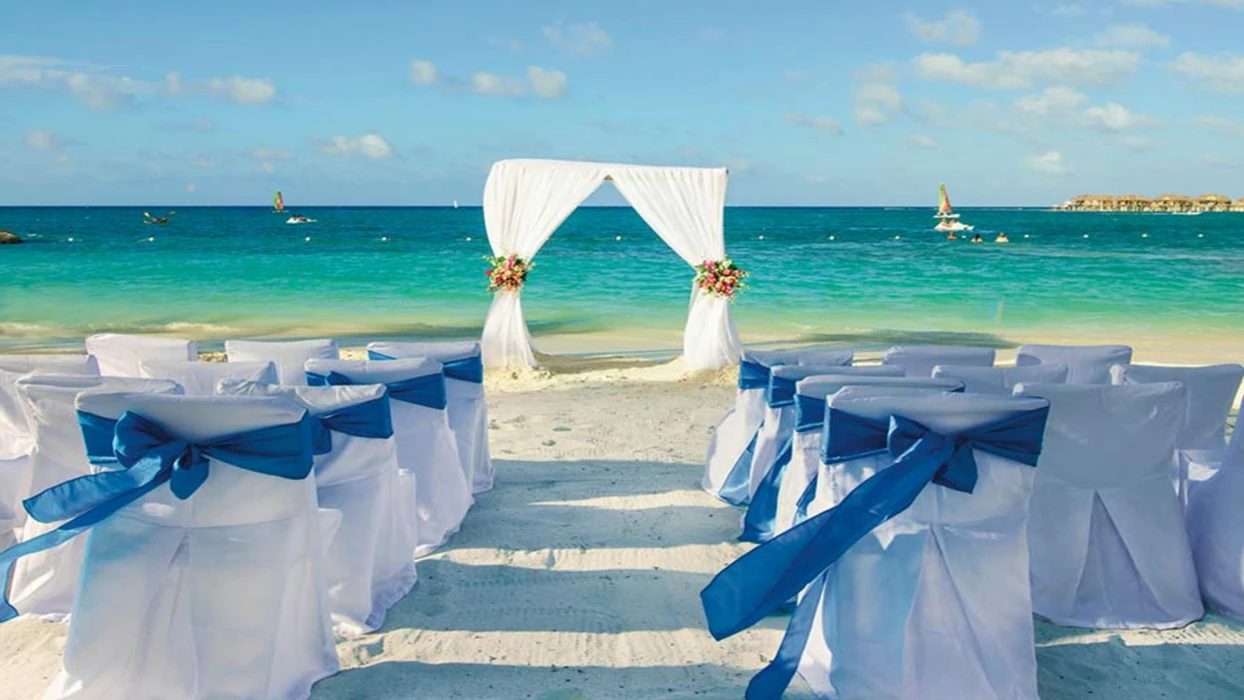 beach wedding setup at Hotel Riu Reggae