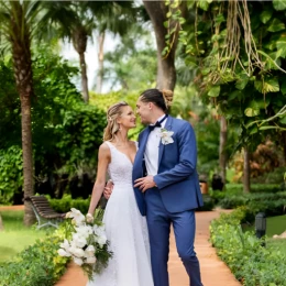 bride and groom at the garden venue at Iberostar Selection Hacienda Dominicus