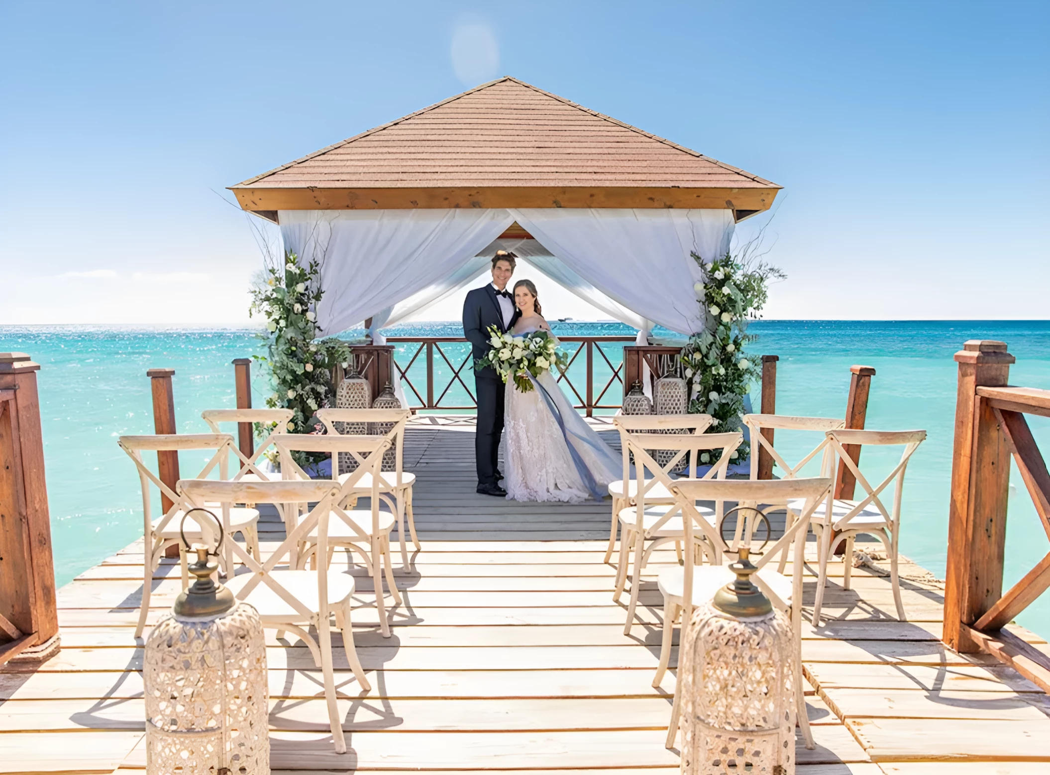 bride and groom on the pier venue at Iberostar Selection Hacienda Dominicus