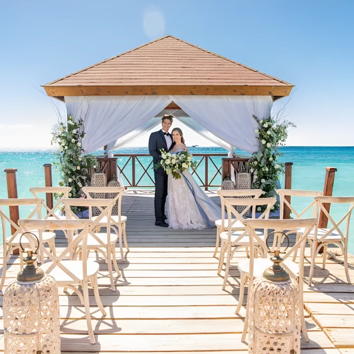 bride and groom on the pier venue at Iberostar Selection Hacienda Dominicus