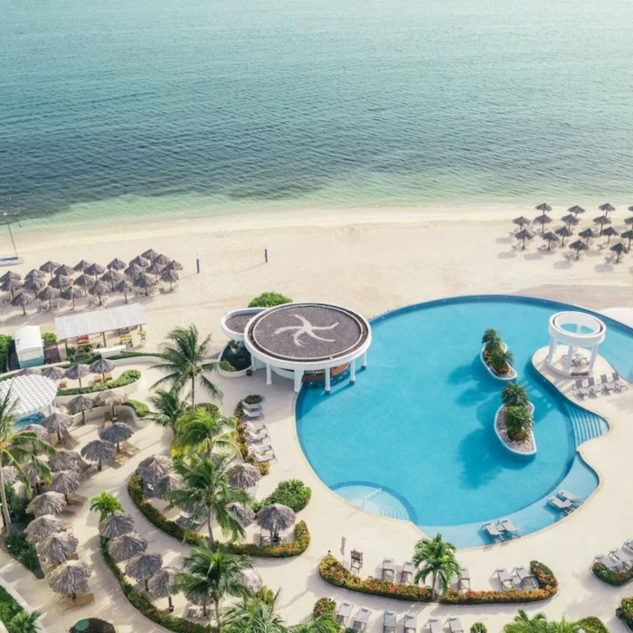 aerial view of the pool and beach at Iberostar Selection Rose Hall Suites
