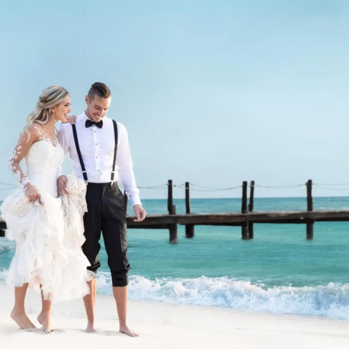 bride and groom at the beach venue at Iberostar Waves Cozumel