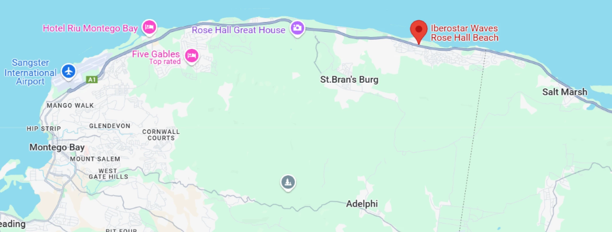 map showing location of Iberostar Waves Rose Hall Beach in Montego Bay