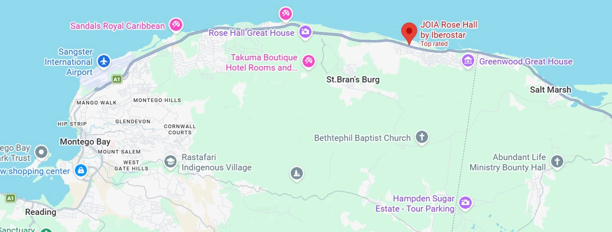 Map showing location of JOIA Rose Hall by Iberostar in Jamaica
