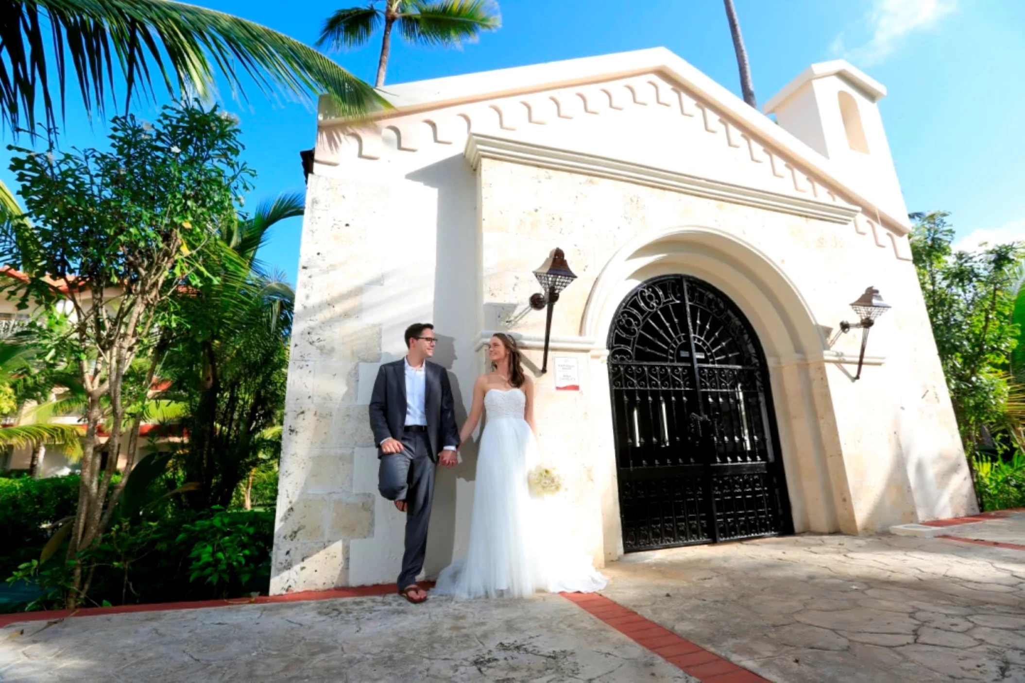 bride and groom at the chapel venue at majestic punta cana