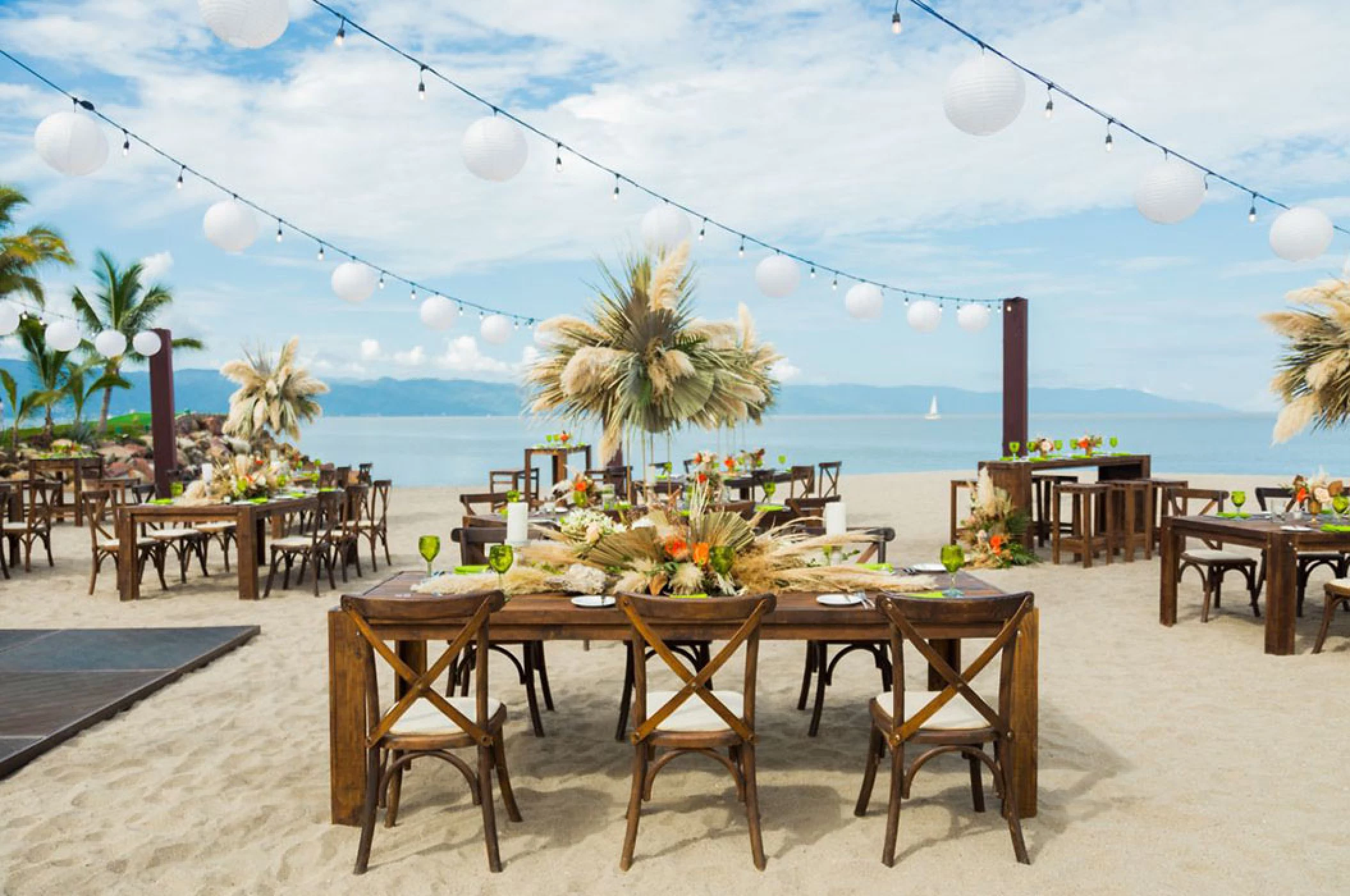 Reception decor on the Beach Wedding Venue at Marriott Puerto Vallarta