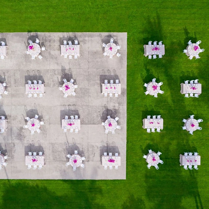 Reception decor drone shot on the garden Wedding Venue at Marriott Puerto Vallarta