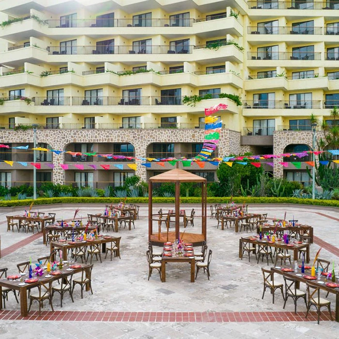 Reception setup on the Main plaza Wedding Venue at Marriott Puerto Vallarta