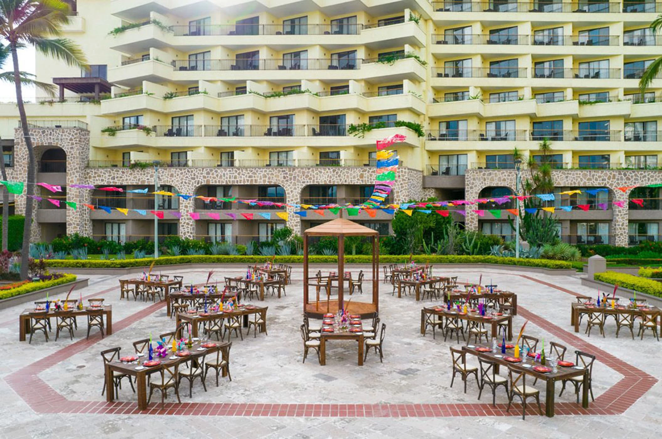 Reception setup on the Main plaza Wedding Venue at Marriott Puerto Vallarta