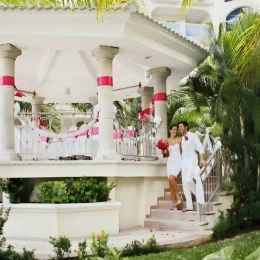 bride and groom at garden gazebo venue at occidental costa cancun