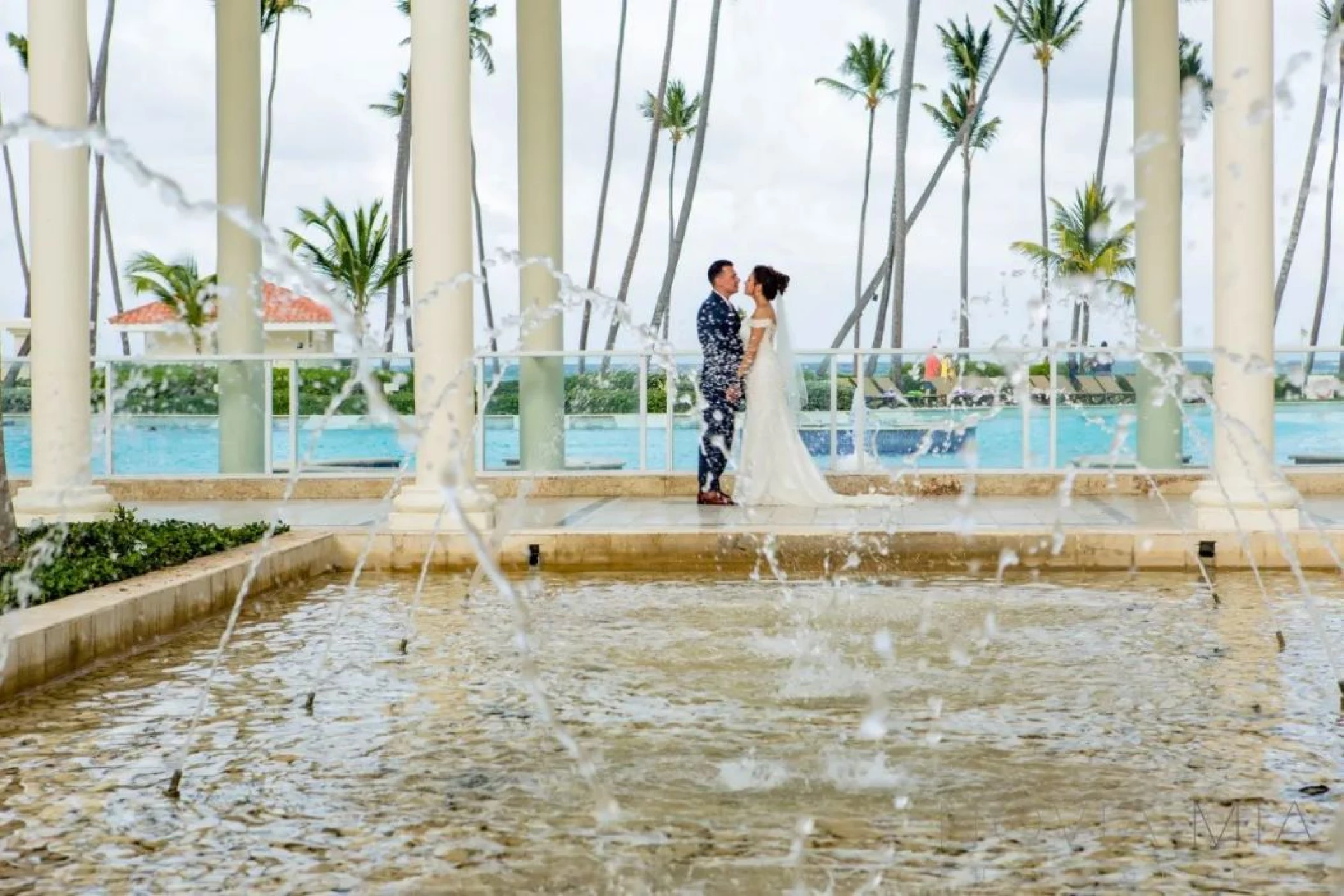 bride and groom at colonial plaza venue at Paradisus Palma Real